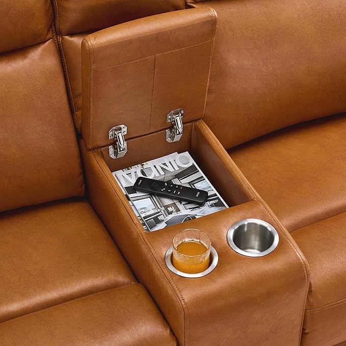 MCombo Zero Wall Recliner Loveseat, 2-Seat Power Wall Hugger Sofa with USB & Type-C Dual Ports, for Small Space, Living Room, RV PR646 (Cognac Brown, Loveseat with Console)