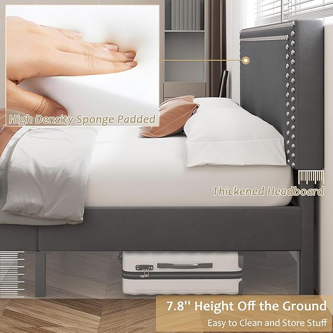 VECELO Queen Size Bed Frame with Adjustable Upholstered Headboard, Wooden Slats Platform, Noise-Free Design, No Box Spring Needed, Easy Assembly