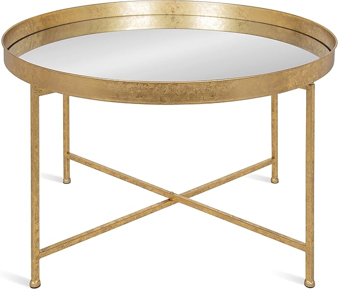 Kate and Laurel Celia Metal Foldable Round Accent Coffee Table, 28.25" x 28.25" x 19", Mirrored Surface and Gold Frame, Modern Minimalist Design and Detachable Magnetic Tabletop