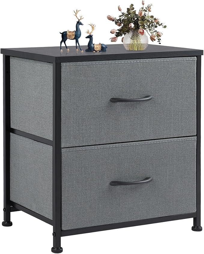 NEWBULIG Nightstand with 2 Fabric Drawers Small Dresser 25 Inch Tall Bedside Table End Table Storage Furniture for Bedroom Closet Entryway College Dorm Crey