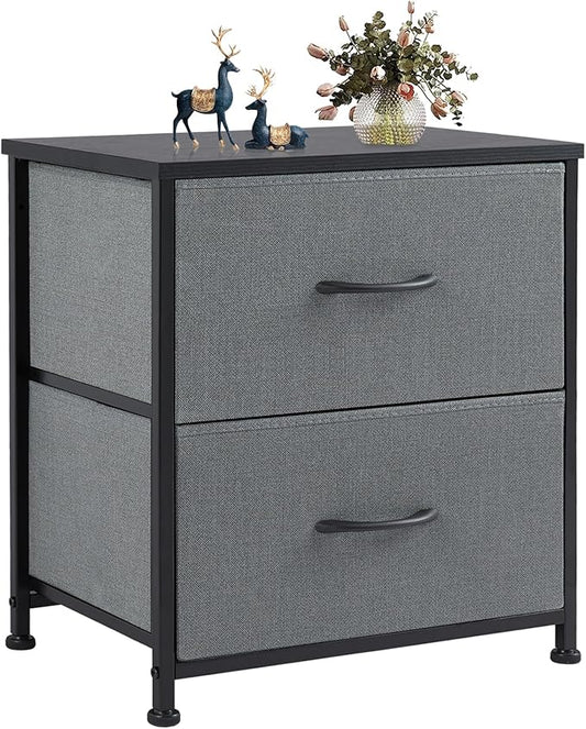 NEWBULIG Nightstand with 2 Fabric Drawers Small Dresser 25 Inch Tall Bedside Table End Table Storage Furniture for Bedroom Closet Entryway College Dorm Crey
