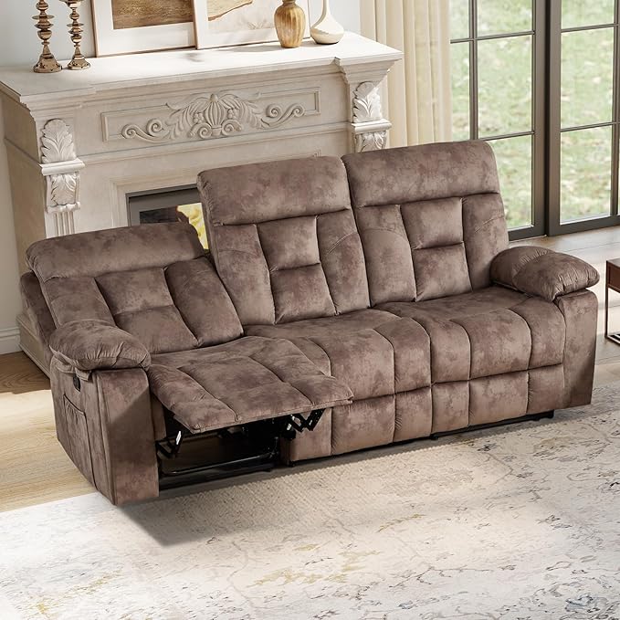 EBELLO Reclining Sofa for Living Room, Extra Wide Modern Overstuffed 3 Seat Recliner Manual Sofa with Hidden Armrest Cup Holders, Soft Breathable Fabric and Padded Seat, Brown