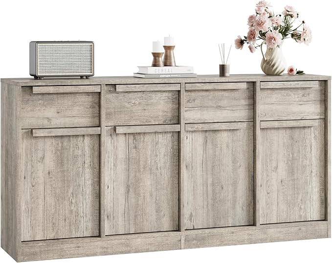 GarveeHome Sideboard Buffet Cabinet with 4 Drawers, 62.4 in Large Coffee Cabinet with Storage, Modern Storage Buffet Table for Kitchen Dining Room, Living Room (Grey, 4 Doors & 4 Drawers)