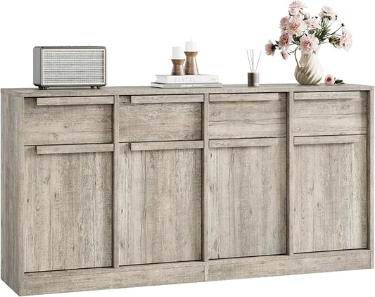 GarveeHome Sideboard Buffet Cabinet with 4 Drawers, 62.4 in Large Coffee Cabinet with Storage, Modern Storage Buffet Table for Kitchen Dining Room, Living Room (Grey, 4 Doors & 4 Drawers)