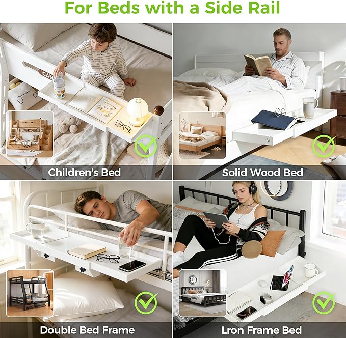 MinBoo Expandable Nightstand Shelf Bamboo College Caddy for Top Bunk Clip Bedside Shelf Floating Bed Side Table Tray Storage Dorm Room Decor College,White