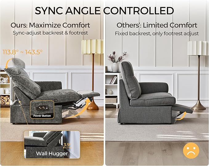 124.8'' Oversized Power Recliner Sofa with Headrest, Extra Wide Deep Modular Cloud Sectional Reclining Couch Wall Hugger, Convertible 3-Seater for RV Home Theater Living Room, Chenille, Grey