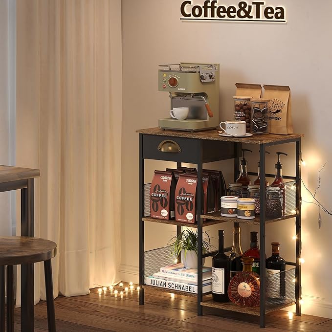 X-cosrack Farmhouse Small Coffee Bar with Drawer, 5-Layer Staggered Coffee Stand Station for Small Space, Rustic Bar Cabinet for Kitchen, Buffet Sideboard Cabinet for Living Room, Room Cafe