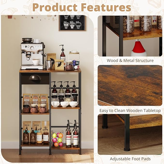 X-cosrack Farmhouse Small Coffee Bar with Drawer, 5-Layer Staggered Coffee Stand Station for Small Space, Rustic Bar Cabinet for Kitchen, Buffet Sideboard Cabinet for Living Room, Room Cafe