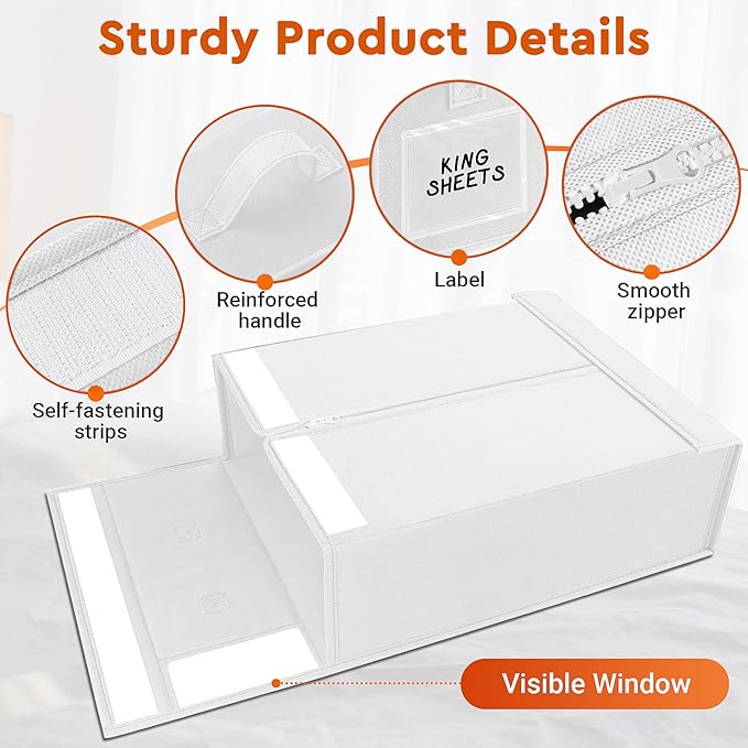 2 Pack Bed Sheet Closet Organizers and Storage,Sturdy Foldable Storage Containers with Window and Label,Storage and Organization for Bedding Sheets,Duvet Covers,Blankets (White)