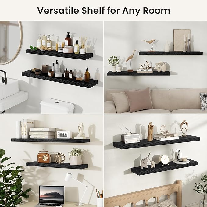 Fun Memories Floating Shelves for Wall, Rustic Wood Wall Mounted Shelves for Bathroom, Bedroom, Living Room & Kitchen, Storage Display Shelves, (Set of 2, Black, 36 in)