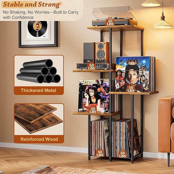 Record Player Stand, Vinyl Record Storage Holder with Display Shelf, Turntable Stand Table with Vinyl Organizer Dividers Album Rack, Vintage Style Record Cabinet Wood, Mid Century Modern Tall Console