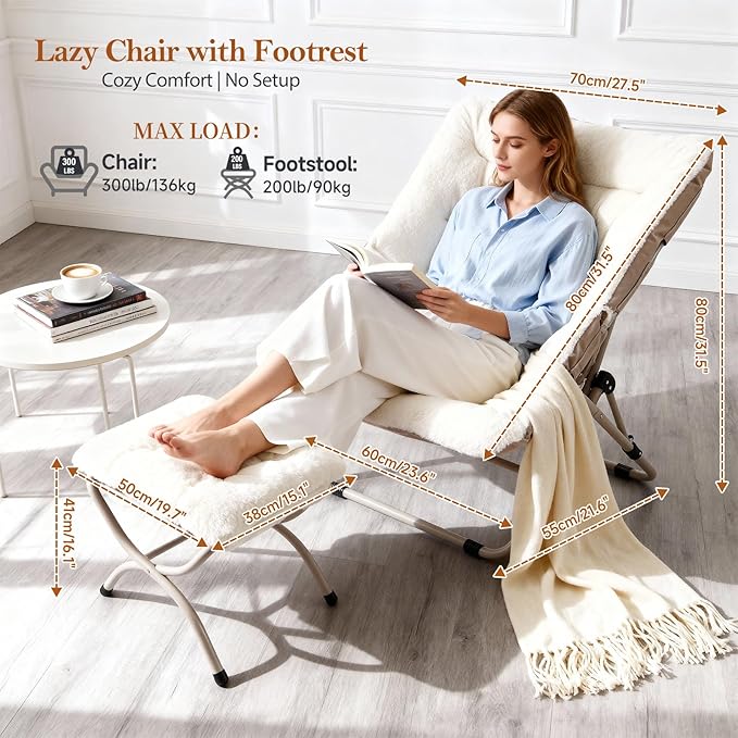 Saucer Chair with Ottoman, Oversized Dorm Chairs, X-Large Faux Fur Folding Chair, Foldable Metal Frame Chair for Bedroom, Living Room (Beige)