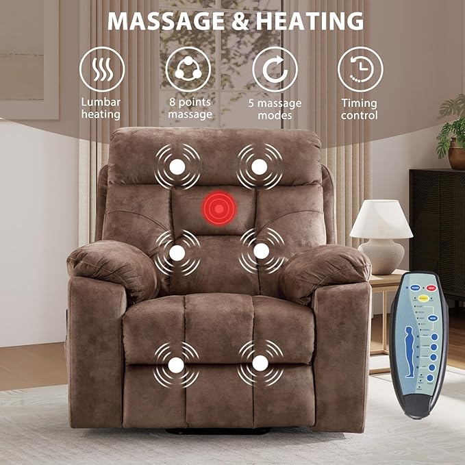 EBELLO 2 Piece Reclining Living Room Set, Soft Fabric Recliner Sofa Furniture Set, Included Power Lift Recliner Chair with Massage and Heat and 3 Seat Sofa, Brown