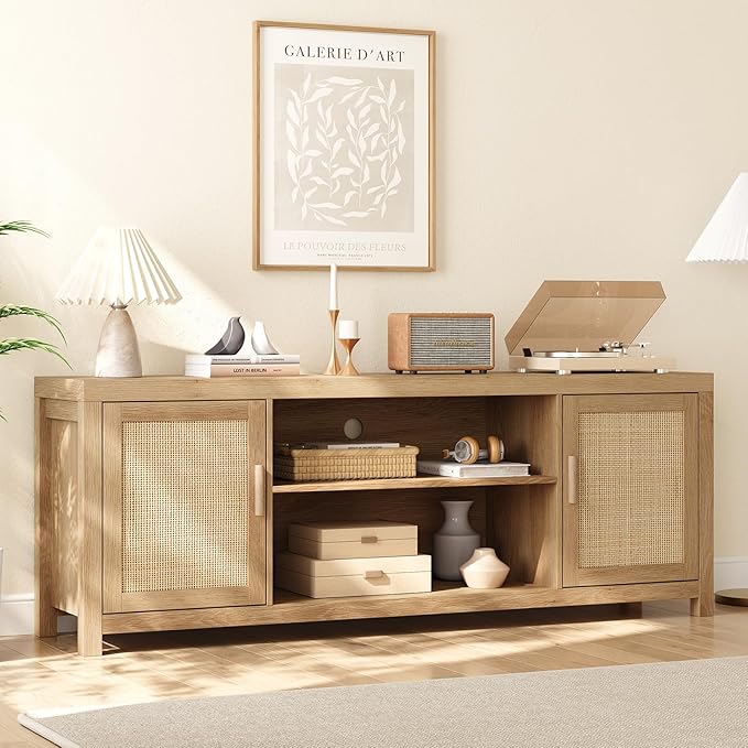 IDEALHOUSE Rattan TV Stand for 65 inch, Natural Oak Entertainment Center with Adjustable Shelves, Boho TV & Media Cabinet 2-Tier Storage for Living Room Bedroom
