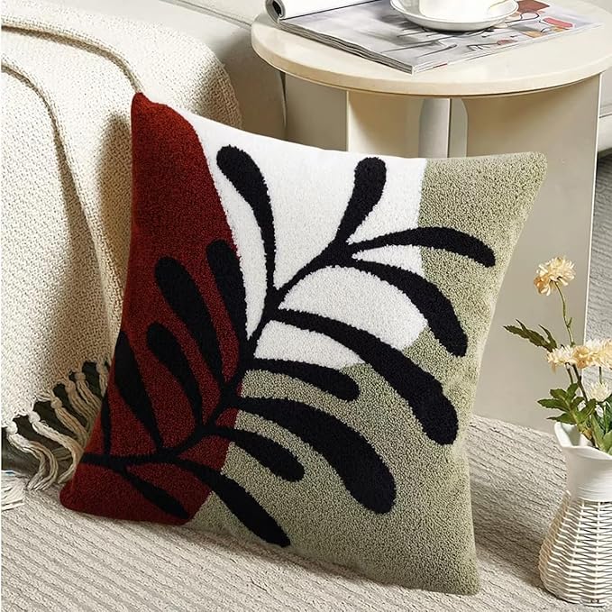 Merrycolor Boho Decorative Throw Pillow Covers 18x18 Tufted Green Decorative Pillows Covers Leaf Mid Century Modern Throw Pillows for Bed Couch Sofa Living Room 1PC （Green and Red ）