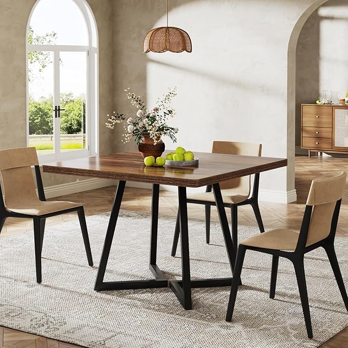 Tribesigns Square Dining Table, 31.5" Industrial Dinner Table with Metal Base, Kitchen Table for Dining Room, Small Space, Apartment, Rustic Brown & Black (6pcs)
