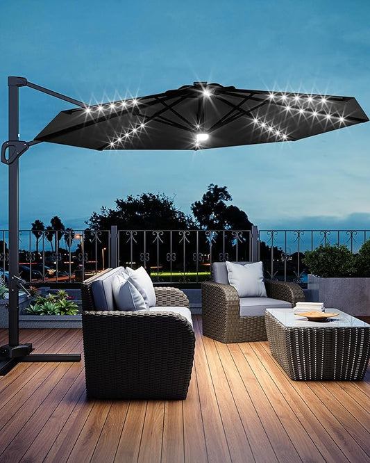 GarveeLife 10FT Patio Umbrella Outdoor Solar LED Large Cantilever Umbrella Market Sun Shade Windproof Offset Umbrella with 360-Degree Rotation for Garden Deck Pool Patio