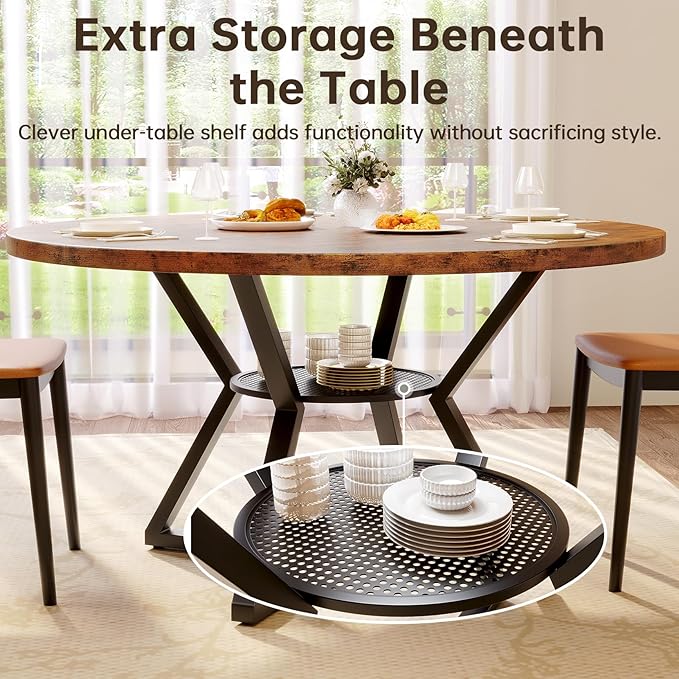 Concho 47" Round Dining Room Table for 4-6,Circle Kitchen Dining Dinner Table with Pedestal Metal Frame,Space Saving Wood Kitchen & Dining Room Furniture, Rustic Brown