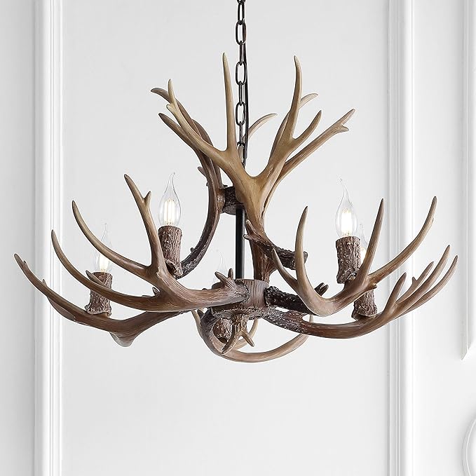 JONATHAN Y 26" Brown Rustic Resin Antler 4-Light LED Chandelier, Farmhouse Faux Deer Horn Hanging Ceiling Light for Dining Room, Kitchen Island, Adjustable Light Fixture (JYL6300A)