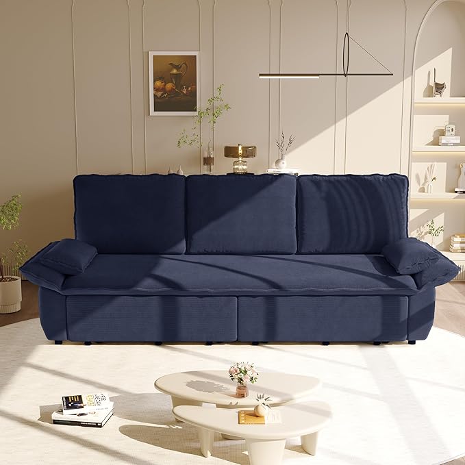 KEIKI 94.5'' King Size Pull Out Sleeper Sofa, 3-in-1 Convertible Futon Couch with Cloud Comfort, Corduroy Reclining Loveseat Sofa for Office, RV, Home Theater