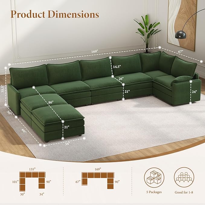 Vesgantti 142" Cloud Couch Sectional Modular Sofa, Comfy Sectional Couch with Ottoman Deep Seat Chenille L Shaped Sofa, Modular Couches for Living Room, Bedroom and Apartment, Beige | Sink-in Comfort, Height Adjustable, Easy Rearrangement, Extra-deep O...