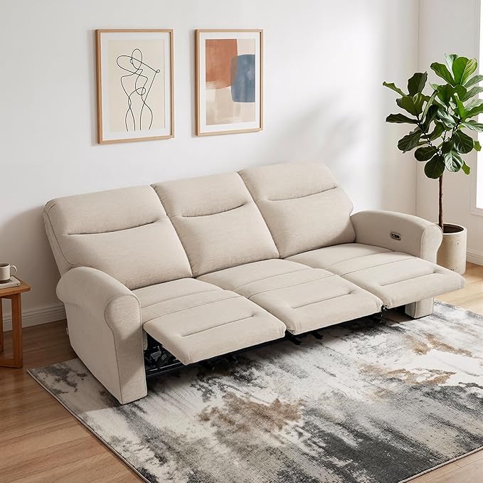 MCombo 87.8" Wall Hugger Power Reclining Sofa, 3-Seat Triple Recliner Couch with USB Ports, Rolled Arm Space Saving Recliner Sofa for Living Rooms Apartments RV, Fabric PR635M5 (Beige) | 1.4" Wall Clearance
