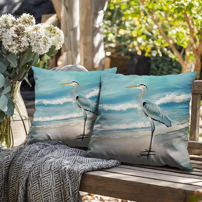 Beach Blue Pillow Covers Nautical Coastal Heron Throw Pillow Covers 20x20 Set of 2 Summer Ocean Bird Decorative Pillow Cases Outdoor Cushion Cover for Bed Sofa Couch Patio