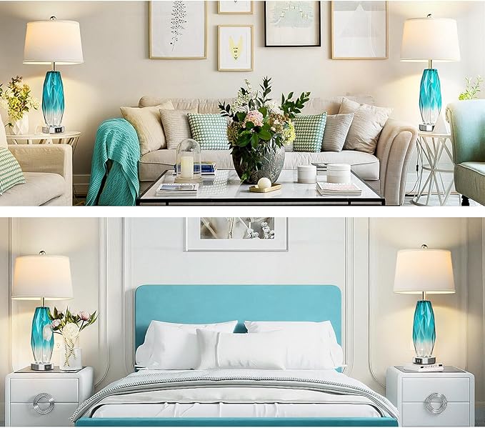 26" Touch Table Lamps Set of 2 for Bedrooms, 3 Way Dimmable Living Room End Table Lamps with Teal Blue Diamond Texture, Modern Glass Bedside Nightstand Lamps with USB C A Port, Bulbs Included