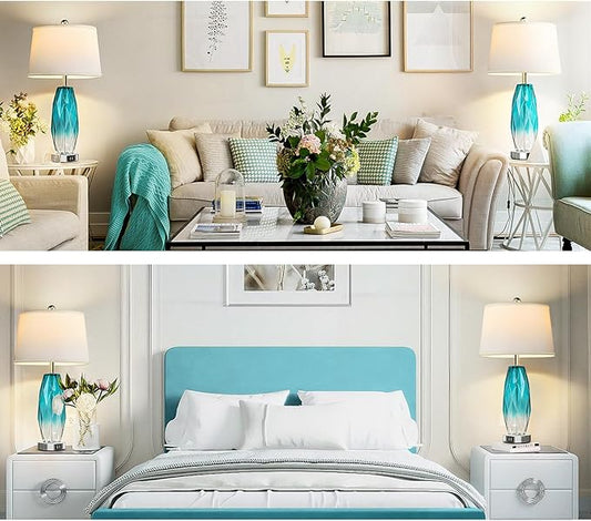 26" Touch Table Lamps Set of 2 for Bedrooms, 3 Way Dimmable Living Room End Table Lamps with Teal Blue Diamond Texture, Modern Glass Bedside Nightstand Lamps with USB C A Port, Bulbs Included