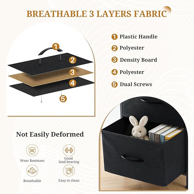 Nightstand with 4 Fabric Drawers, 37.4" H Tall Narrow Bedside Table with Wooden Top Steel Frame for Bedroom, Dorm, Closet, Living Room, Black