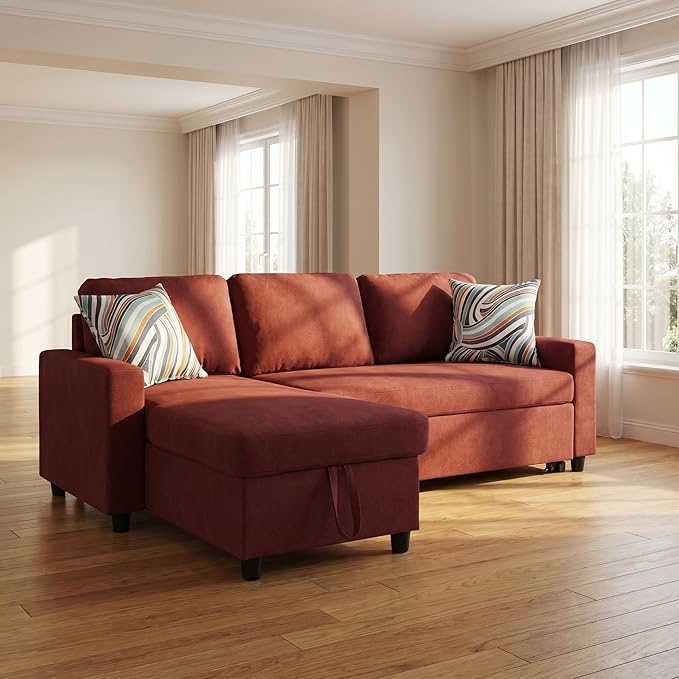 Pull Out Couch, L Shaped Sectional Couch with Pull Out Bed, Convertible Sofa Bed with Storage Chaise, Queen Size Sleeper Sofa, Sofa Bed Couch, Sleeper Sofa with Storage, Red