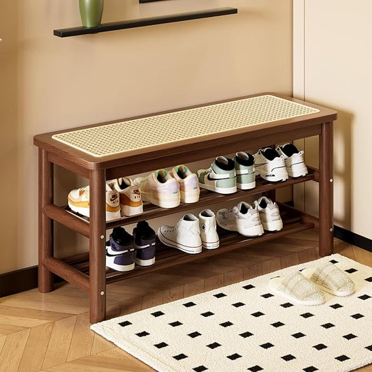 Bamboo Shoe Rack Bench with Rattan Seat, 3-Tier Shoe Storage Bench, Entryway Bench for Hallway, Walnut-31.5 inches