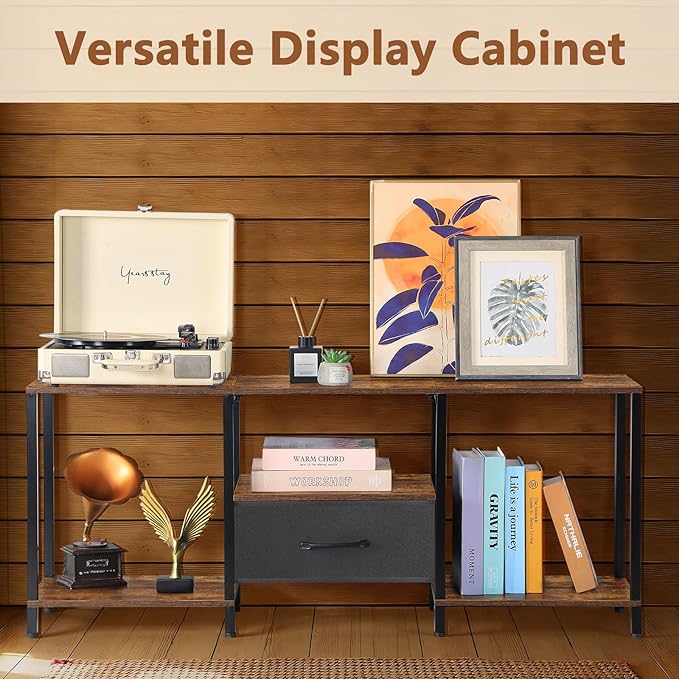 PINPON 46" TV Stand with Manual LED Lights & Fabric Drawer, 3-Tier Storage Media Console for 55" TV, Adjustable Feet, Rustic Brown Entertainment Center for Living Room/Bedroom