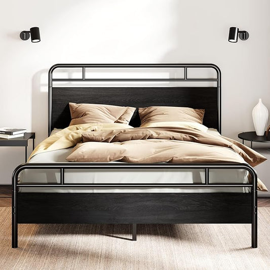 SHA CERLIN Full Size Bed Frame with Vintage Industrial Wood Headboard, Heavy Duty Metal Platform with 12" Under-Bed Storage, Mattress Foundation, No Box Spring Needed, Noise-Free, Easy Assembly, Black