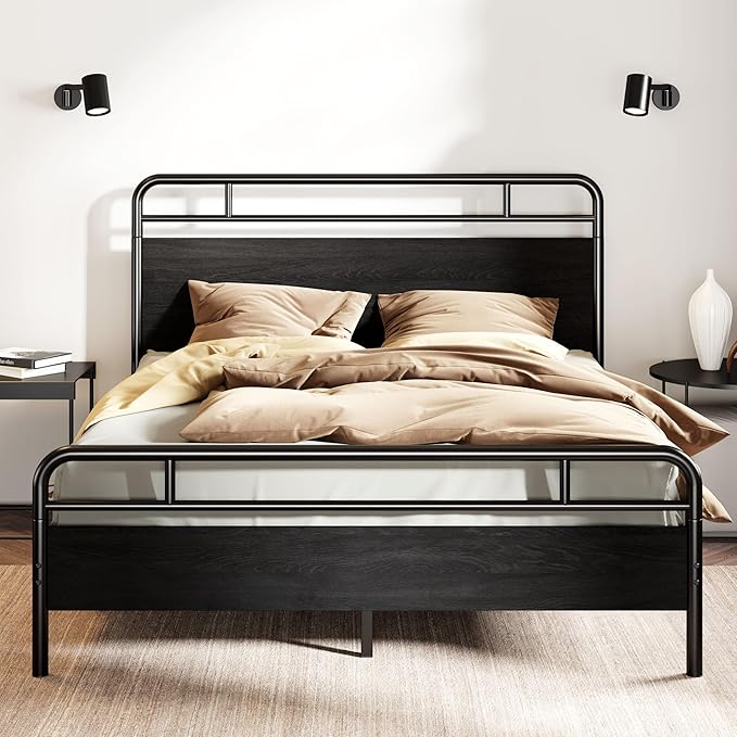 SHA CERLIN Queen Size Bed Frame with Vintage Industrial Wood Headboard, Heavy Duty Metal Platform, 12 Inch Under Bed Storage, Noise-Free, No Box Spring Needed, Easy Assembly, Black