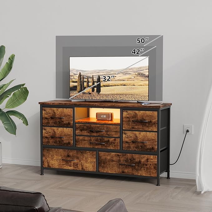 Jojoka 8-Drawer LED Dresser TV Stand with Power Outlet for 55'' TV - Wide Storage Chest for Bedroom, Living Room & Entryway, Wood Top Console Table with 22 Light Modes
