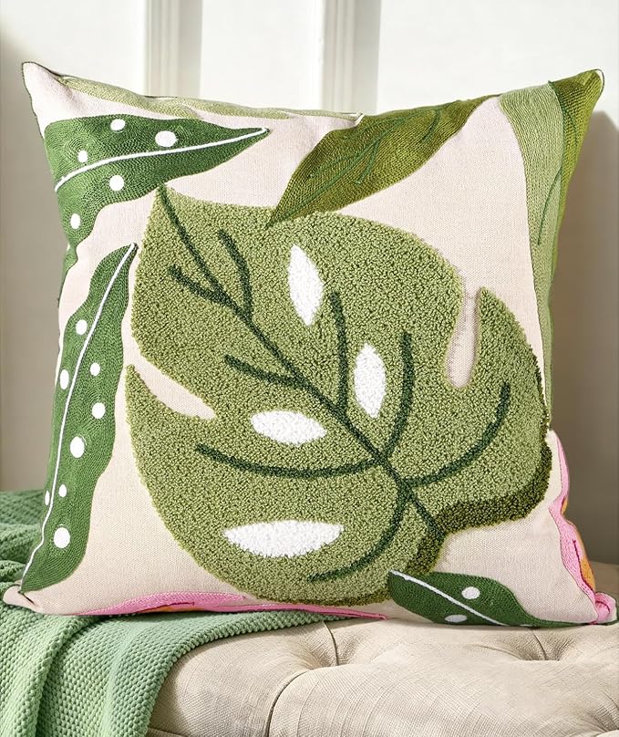 Embroidered Throw Pillow Cover - 18x18 Decorative Pillow Cover with Zipper Aesthetic Cute Design Boho Spring Summer Throw Pillowcase for Living Room Couch Sofa Bed, Monstera Leaves