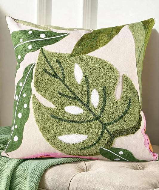 Embroidered Throw Pillow Cover - 18x18 Decorative Pillow Cover with Zipper Aesthetic Cute Design Boho Spring Summer Throw Pillowcase for Living Room Couch Sofa Bed, Monstera Leaves