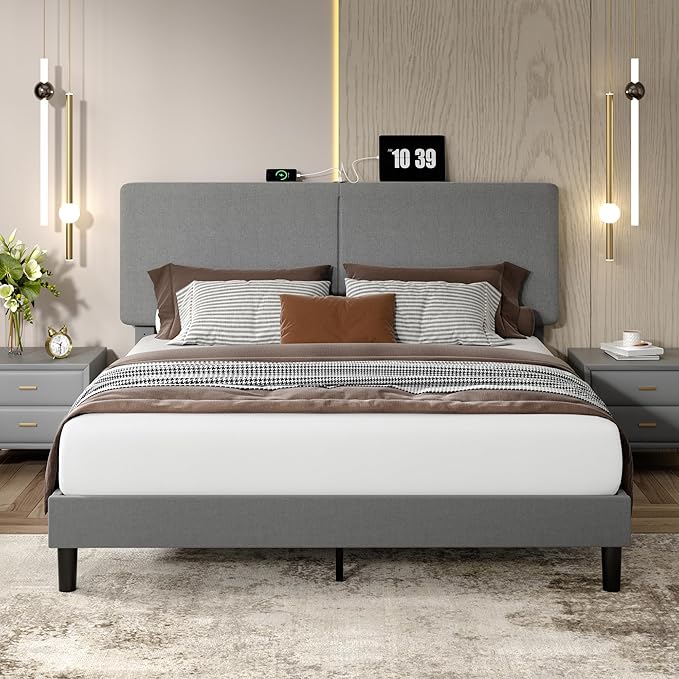 VECELO Full Bed Frame with Type-C & USB Ports, Upholstered Platform Height-Adjustable Cotton and Linen Headboard, No Box Spring Needed, Noise-Free, Easy Assembly, Dark Grey
