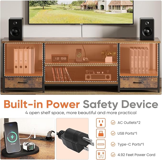 Sweetcrispy Entertainment Center with Stoage Wood TV Stand with Drawers for 75 Inch+ TVS, Television Stands for Living Room Media Console with Charging Station Drawers Shelf Sturdy Frame, 63'' Rustic