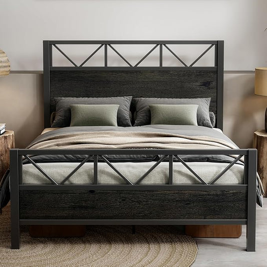 LIKIMIO Queen Bed Frame, Tall Industrial Headboard 51.2 ", Platform Bed Frame with Strong Metal Support, Solid and Stable, Noise Free, No Box Spring Needed, Easy Assembly, Charcoal Grey