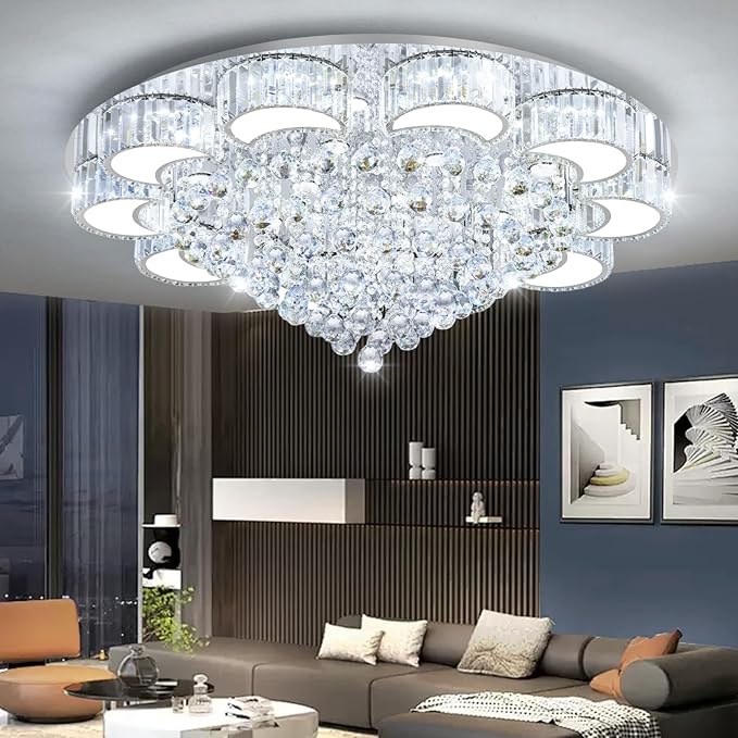 39.4'' Silver Modern Crystal Chandeliers for Dining Room LED Dimmable Light Fixtures Flush Mount Light Living Room Bedrooms