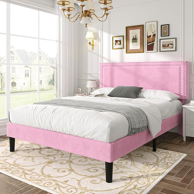 VECELO Queen Size Bed Frame with Adjustable Upholstered Headboard, Wooden Slats Platform, Noise-Free Design, No Box Spring Needed, Easy Assembly