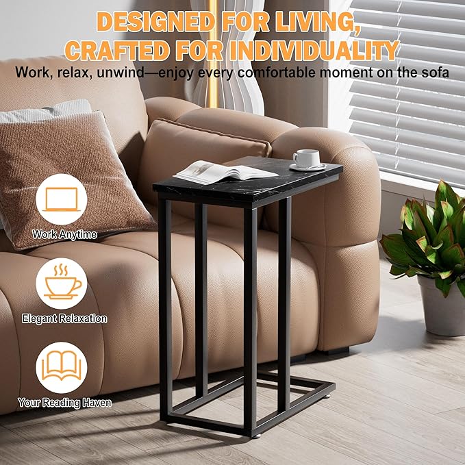 VECELO Universal C-Shaped Side Table, Multi-Functional Snack & TV Tray for Living Room, Bedroom, Black Marble (1 Set)