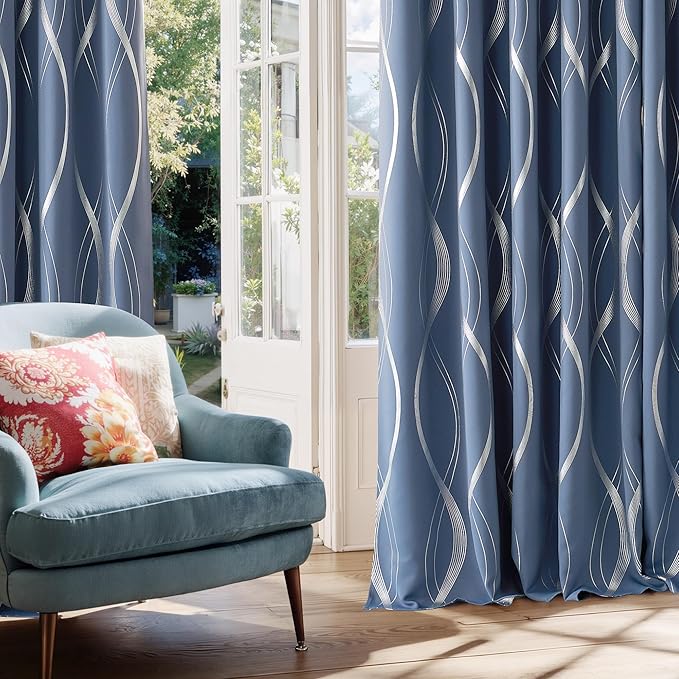 NICETOWN Stone Blue Blackout Floral Curtains 54 inch Length for Boys, Wave Line Foil Print Design Drapes for Kitchen and Nursery, W66 x L54, 2 Panels