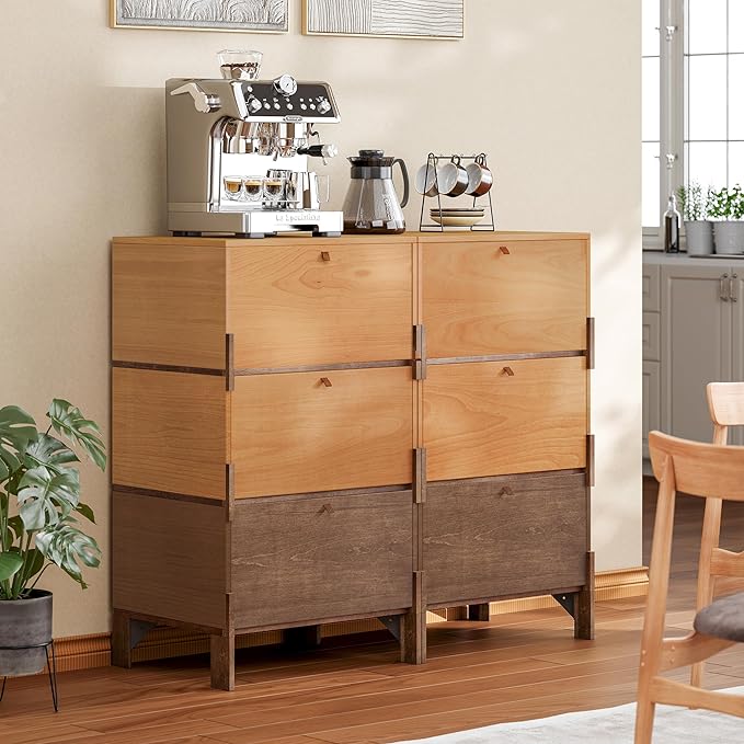 Sebastack Sideboard, Buffet Cabinet with 3 Storage Drawers, Easy Assembly Coffee Bar Wood Buffet Table for Kitchen, Dining Room, Bathroom, Basswood and Walnut Color Combo (1 pcs)