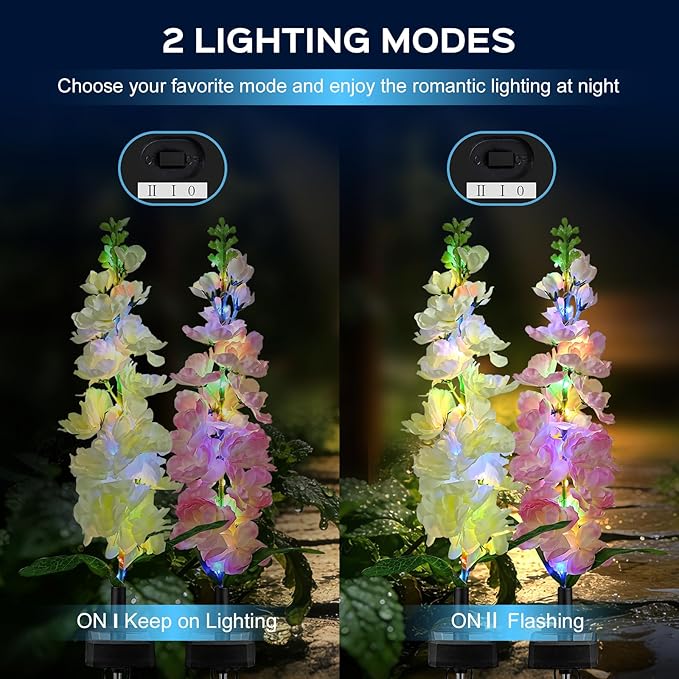 2 Pack Solar Garden Lights Outdoor, LED Colorful Waterproof Solar Powered Hyacinth Flowers Landscape Lights for Patio, Outside Yard, Pathway Decorative, Décor, Gifts, Two Lighting Modes