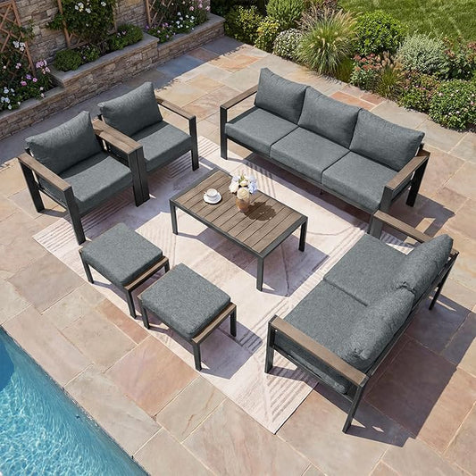 Outdoor Patio Furniture Set 7 Pieces Luxury Aluminum Patio Conversation Set with Coffee Table and 2 Ottoman 9 Seats, Thick Cushions, Large Sectional Sofa for Porch, Balcony, Deck, Yard, Gray