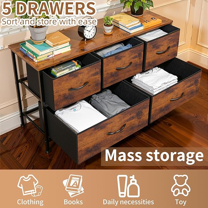 SHAWKEN Dresser for Bedroom with 5 Drawers,Fabric Dresser with One-Piece Steel Frame,Budget-Friendly Organizer for Closet, Hallway, Studio Apartment (Rustic Brown)
