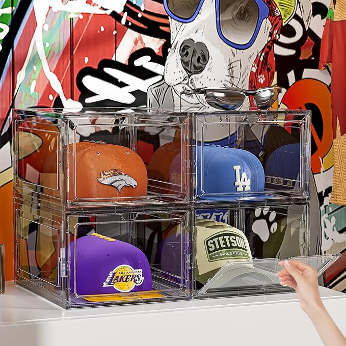 Hat Organizer Box for Baseball Caps, 6 Pack Plastic Hat Storage Display Case with Magnetic Door, Hat Holder Rack for Closet, Snapback Organizer, Hold 8 Caps Each, Black